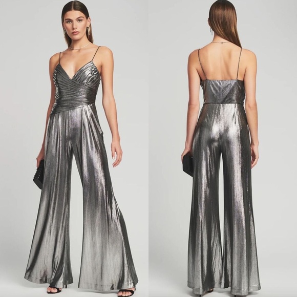 NEW! Retrofete Everly Metallic Silver Gunmetal Flare Wide Leg Jumpsuit Size XXL